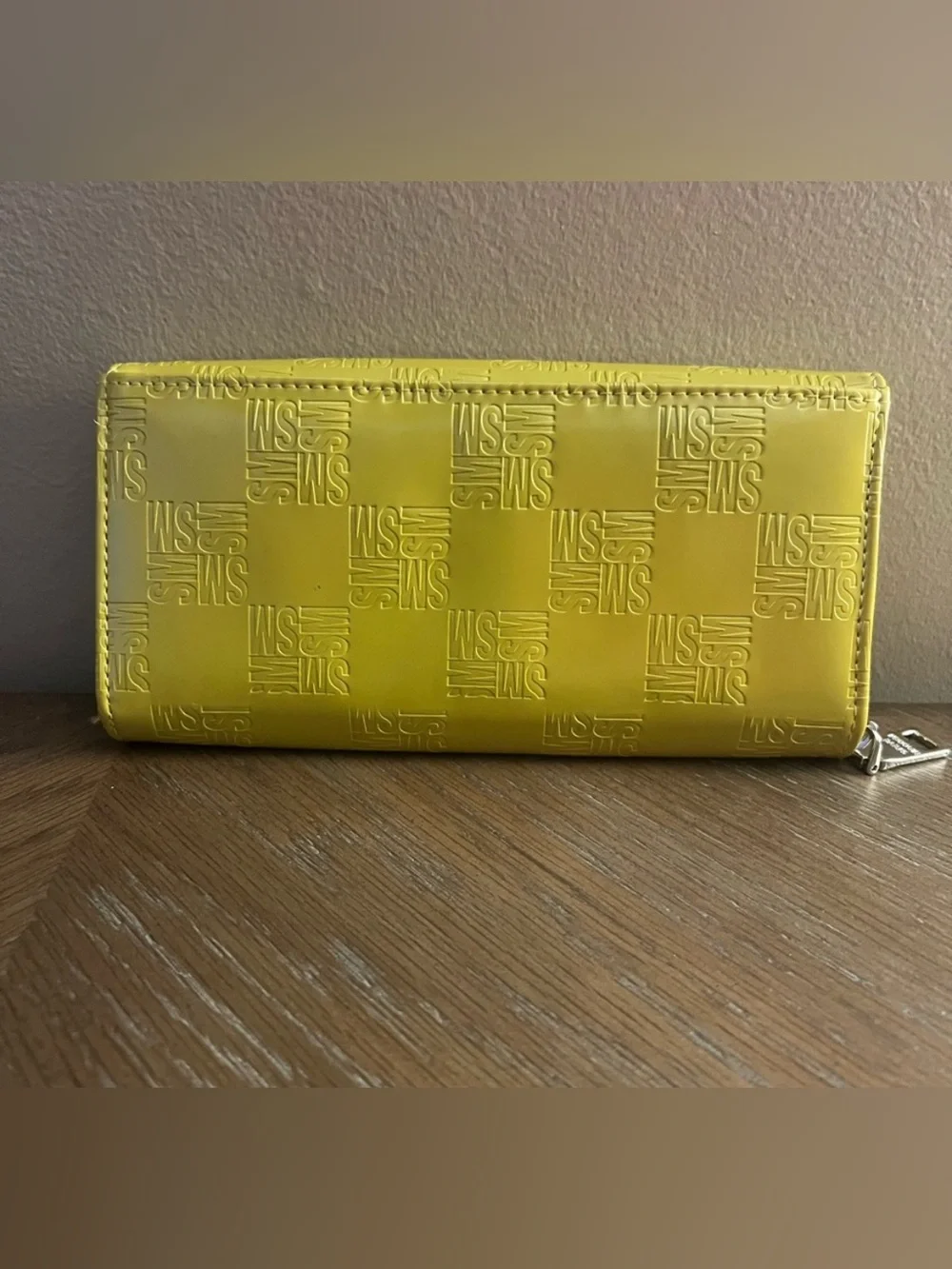 Steve Madden Mustard Yellow Stamped SM Logo Zip Around Trifold Snap Wallet